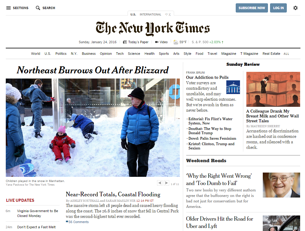 Capture d'écran de la homepage du New York Times - janvier 2016 Capture d'écran de la homepage du New York Times - janvier 2016